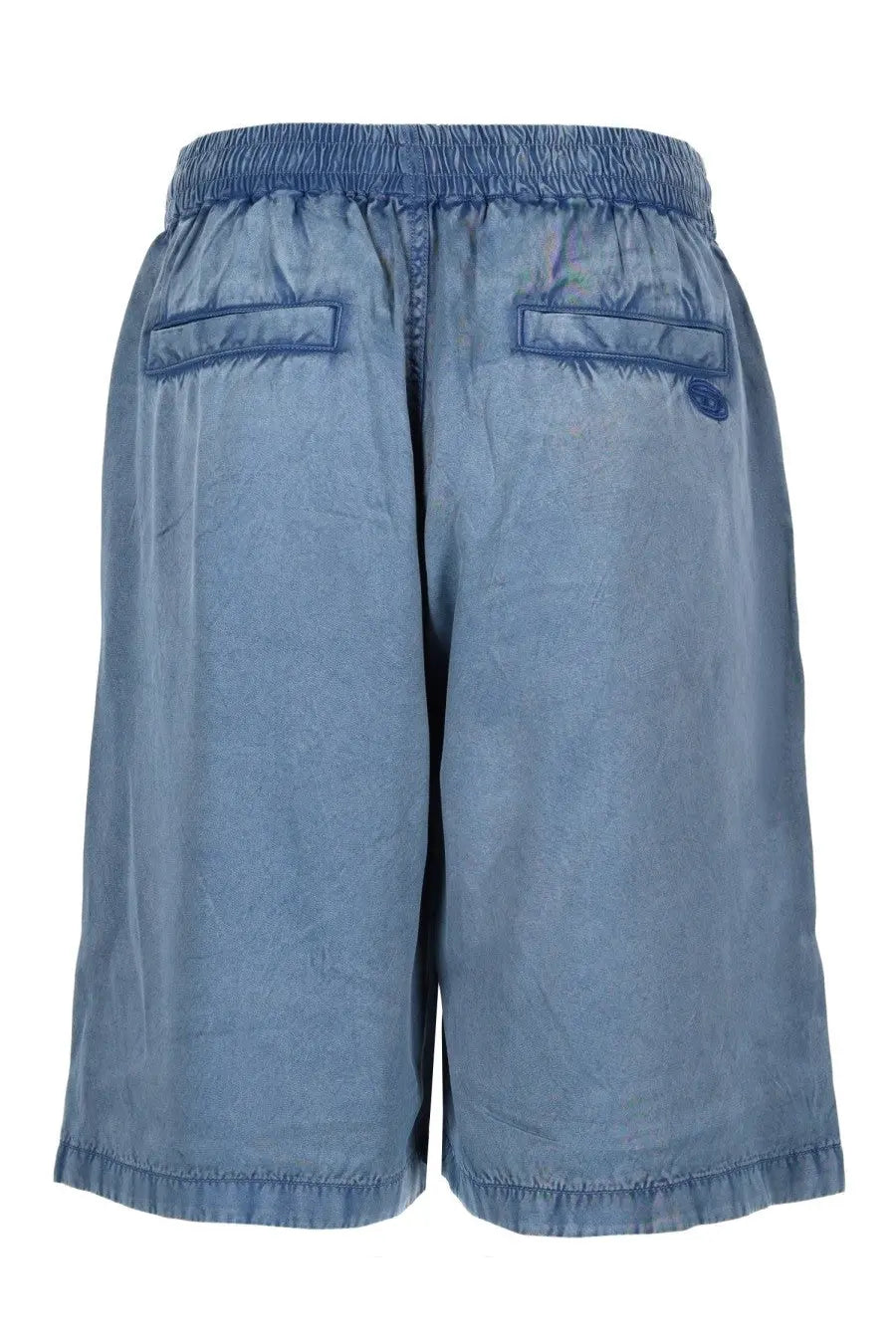 Blue denim diesel men’s shorts holg with elastic waistband and two back pockets shown from the back side