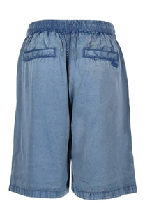 Blue denim diesel men’s shorts holg with elastic waistband and two back pockets shown from the back side