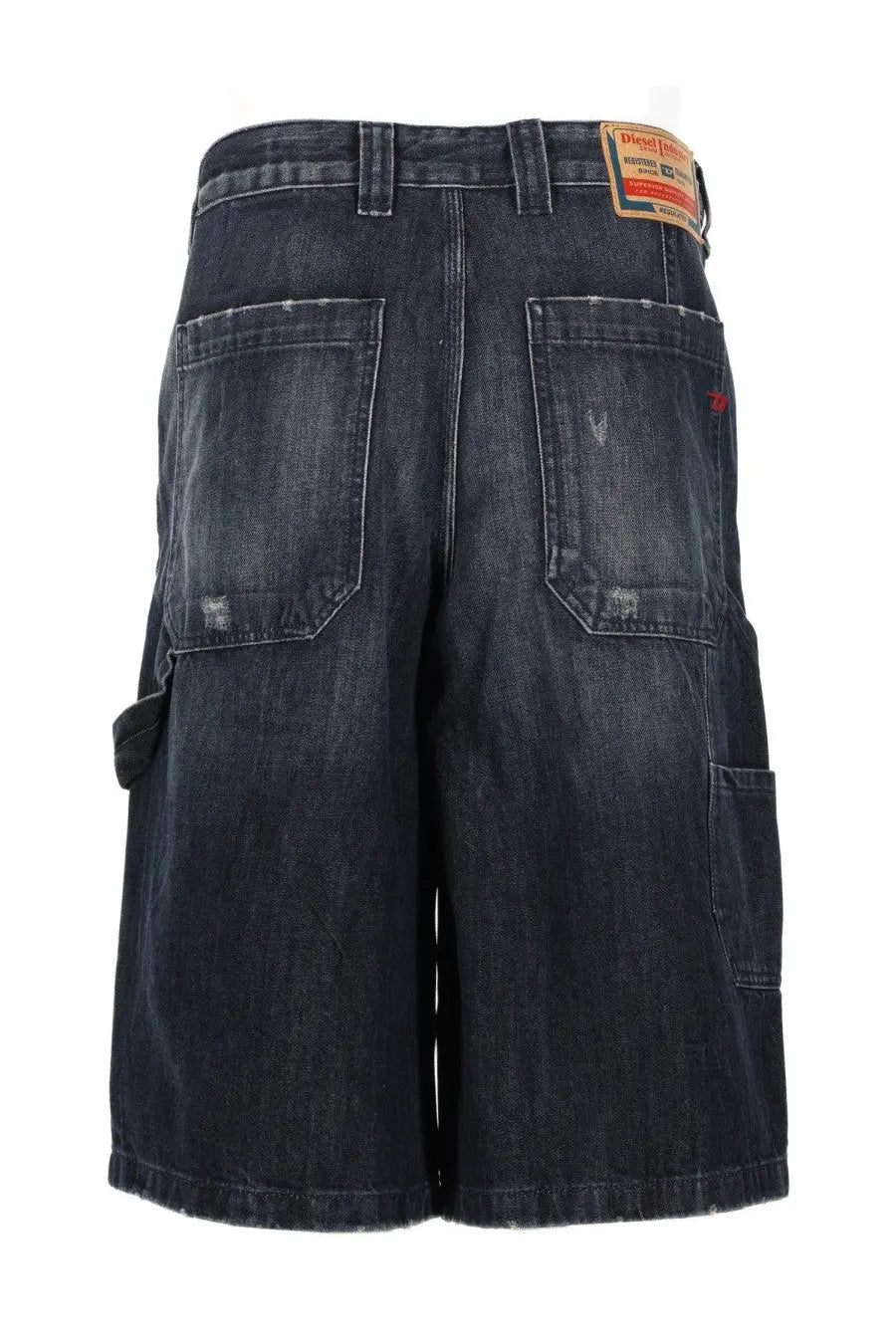 Diesel men’s dark-wash denim shorts with cargo pockets and a branded label in blue livery style