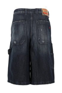 Diesel men’s dark-wash denim shorts with cargo pockets and a branded label in blue livery style