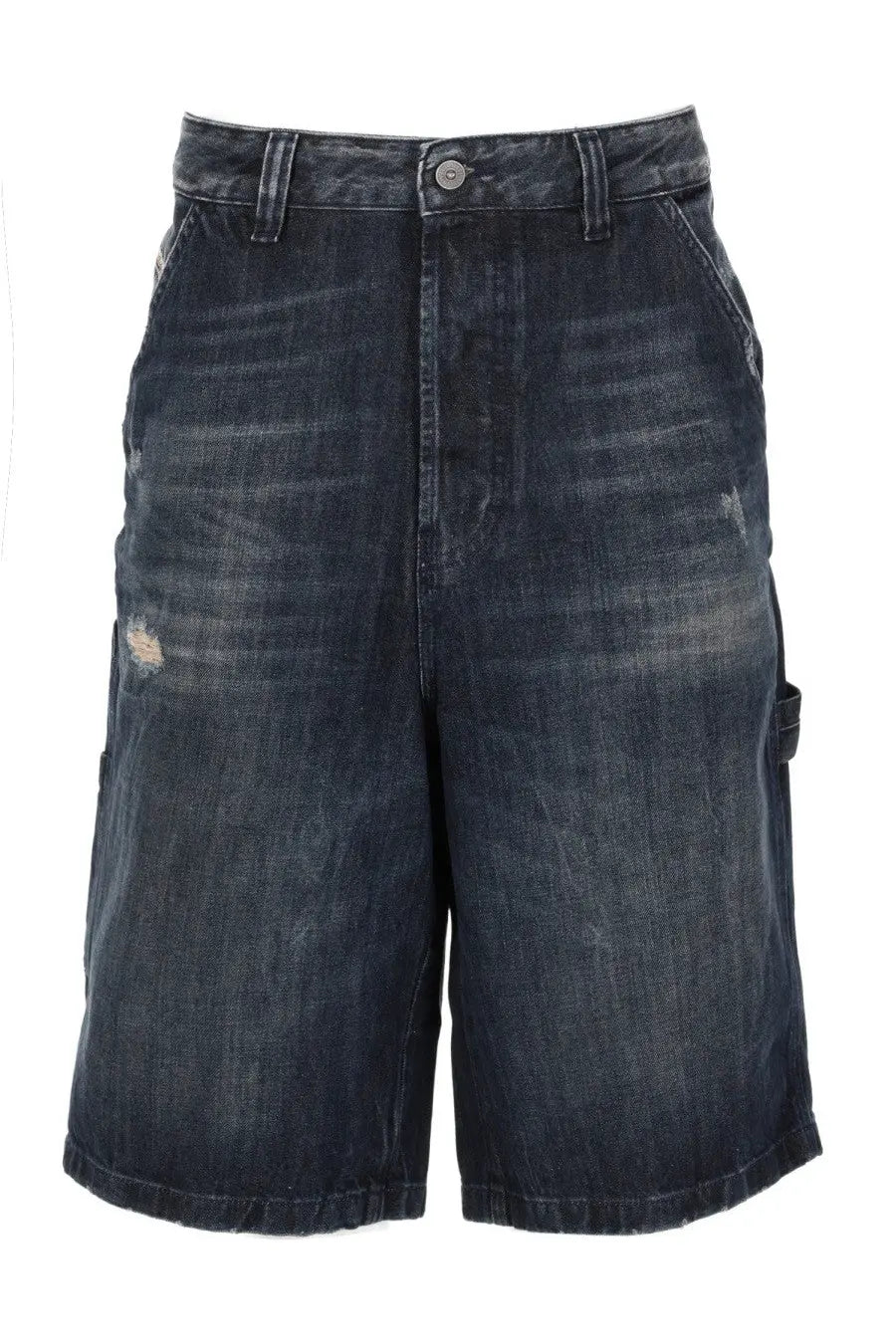 Diesel men’s livery dark-wash denim shorts with distressed faded look and visible wear patterns in blue