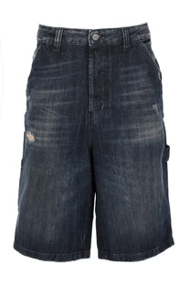 Diesel men’s livery dark-wash denim shorts with distressed faded look and visible wear patterns in blue