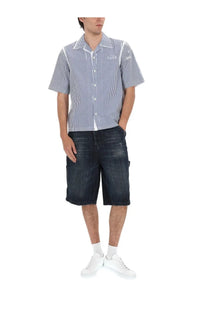 Diesel men’s shorts livery short blue featuring a blue and white vertically striped short-sleeved button-up shirt with collar