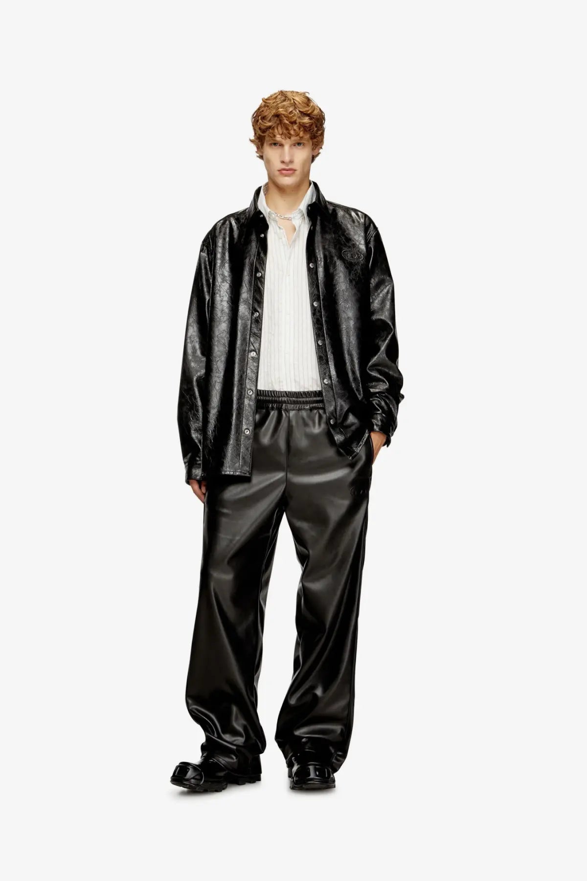 Diesel men’s simply Qmbu black faux leather bomber jacket with subtle embossed detailing