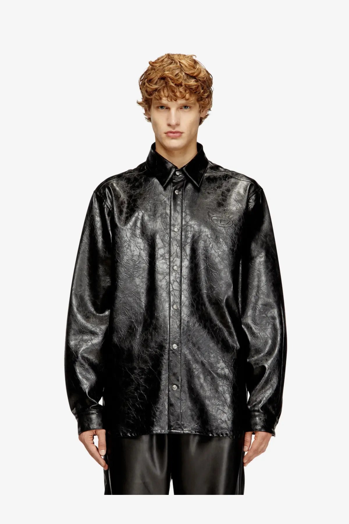 Diesel men’s simply Qmbu black faux leather button-up shirt with subtle cracked texture and small chest logo