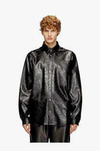 Diesel men’s simply Qmbu black faux leather button-up shirt with subtle cracked texture and small chest logo