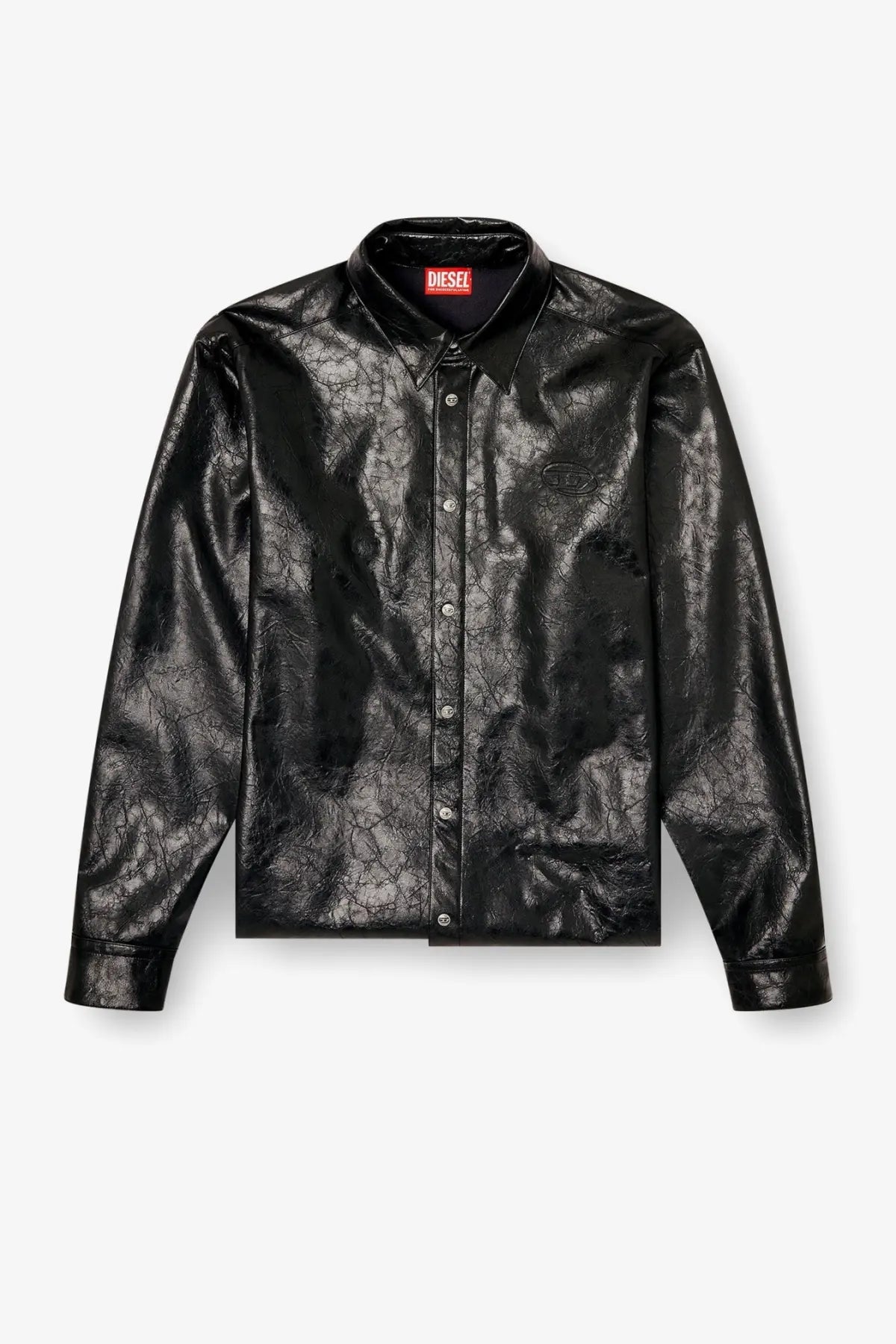 Diesel men’s simply Qmbu black faux leather button-up shirt with black matte finish and subtle embossed branding