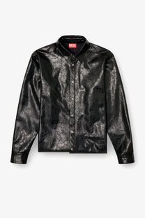 Diesel men’s simply Qmbu black faux leather button-up shirt with black matte finish and subtle embossed branding