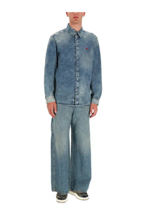 Diesel men’s simply shirt blue faded denim button-up with subtle distressed texture and small red logo on left chest
