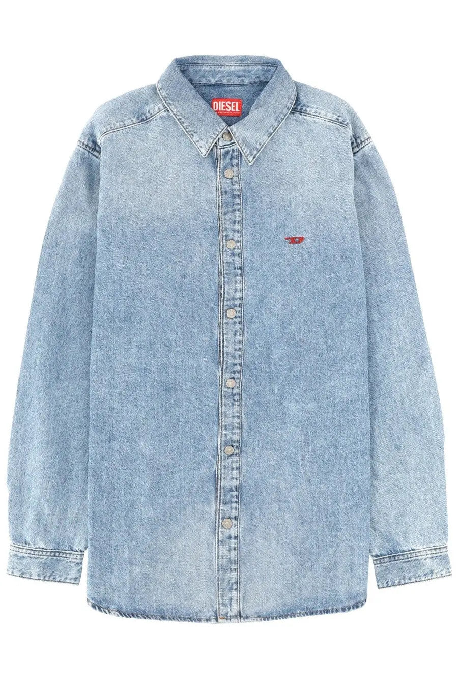 Diesel men’s simply shirt blue light blue denim button-up shirt with red diesel logos on collar and chest