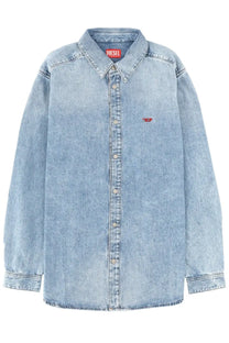 Diesel men’s simply shirt blue light blue denim button-up shirt with red diesel logos on collar and chest