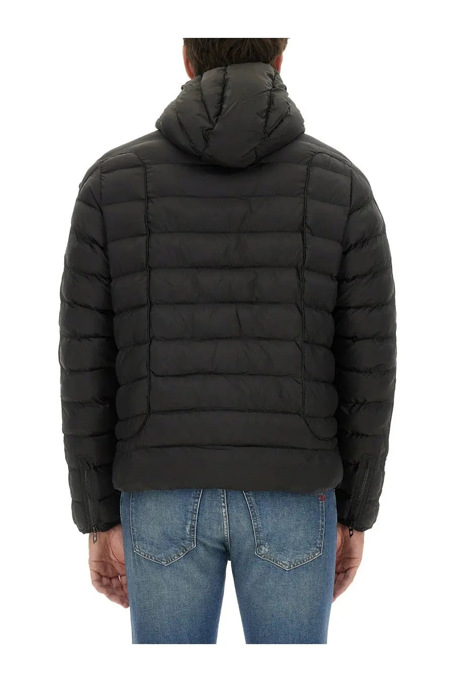 Diesel men’s stone black quilted hooded puffer jacket with zipper cuffs and insulated material