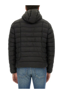 Diesel men’s stone black quilted hooded puffer jacket with zipper cuffs and insulated material