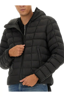 Diesel men’s black quilted puffer jacket with hood and zipper closure designed for warmth and style