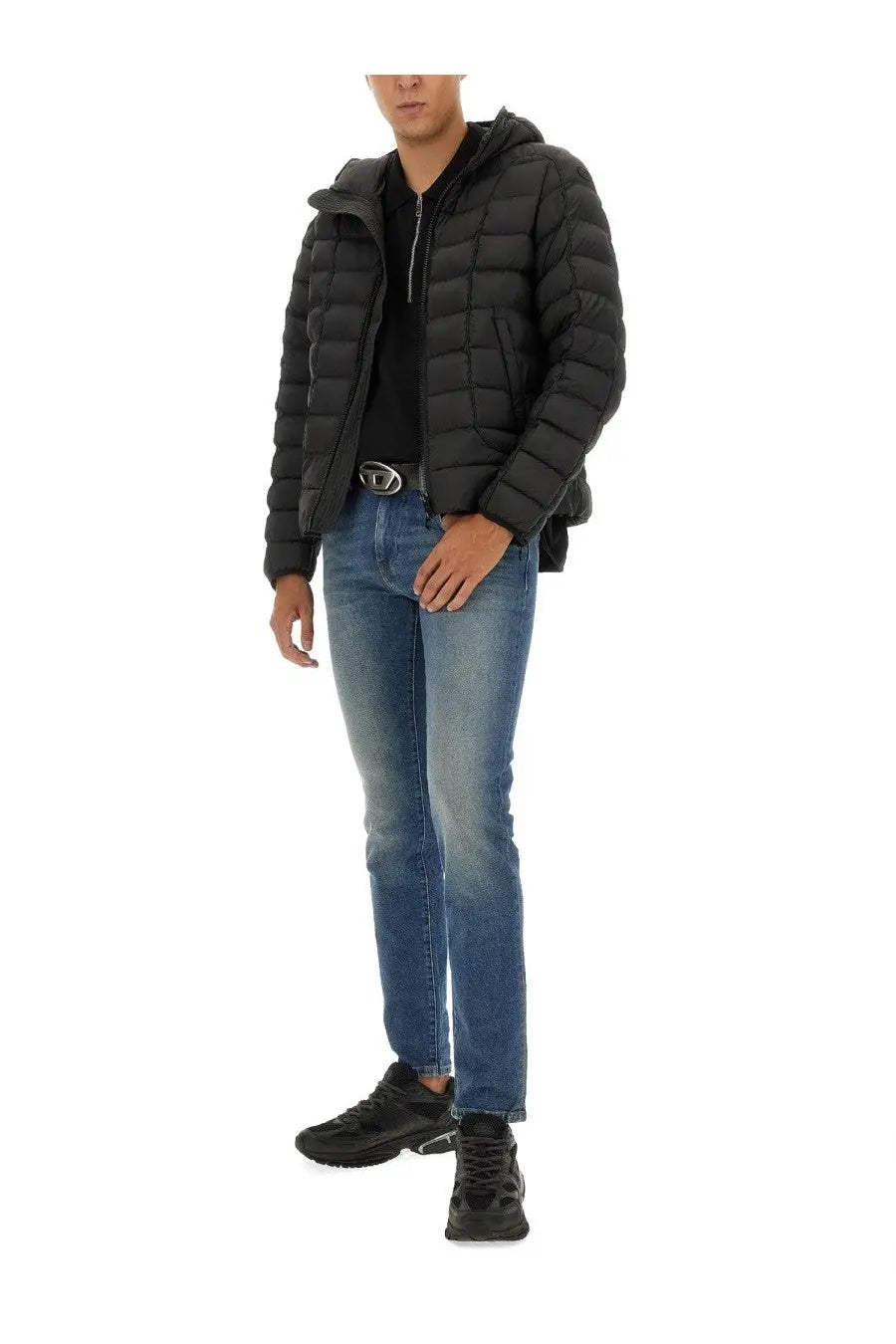 Diesel men’s stone jacket black black quilted puffer jacket with hood warm lightweight winter outerwear