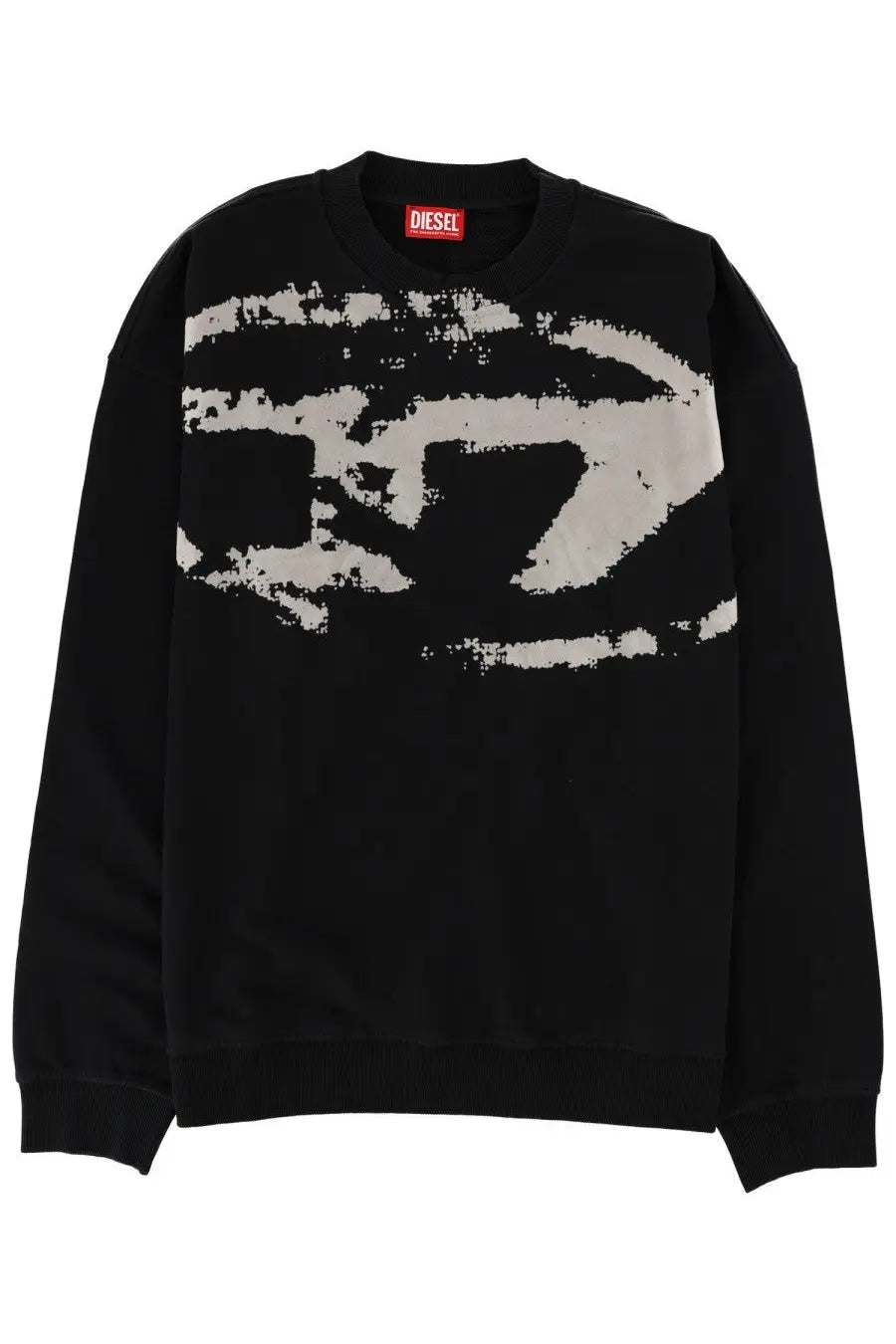 Diesel men’s black sweatshirt made of soft fabric with a distressed white graphic across the chest