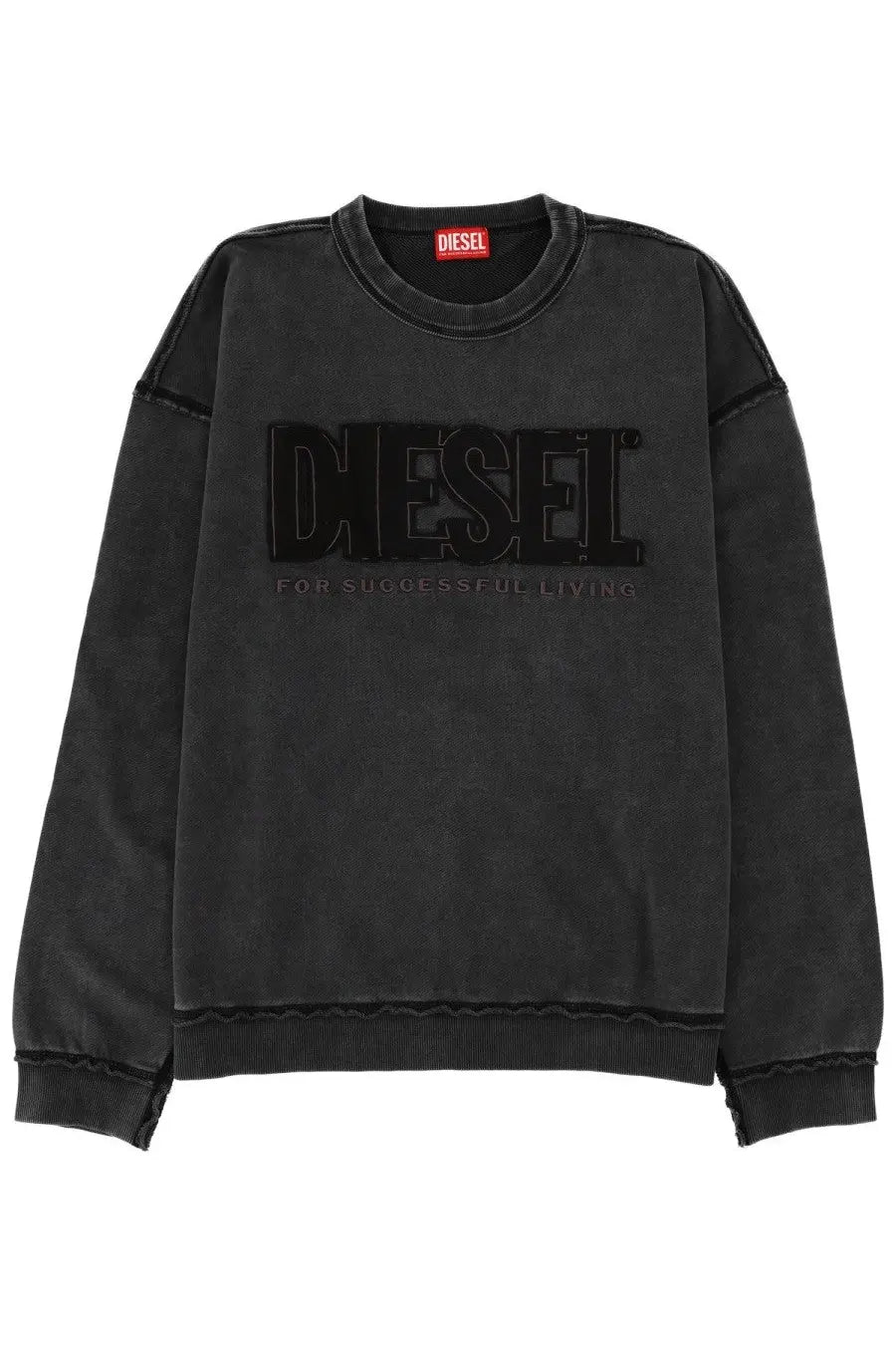 Diesel men’s black diesel sweatshirt with bold raised logo and frayed hem details for casual wear
