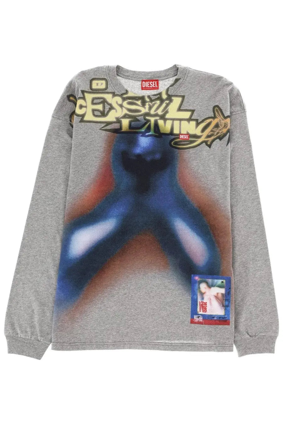 Diesel men’s grey long-sleeved sweatshirt with bold yellow and black diesel living graphic and abstract blue figure design