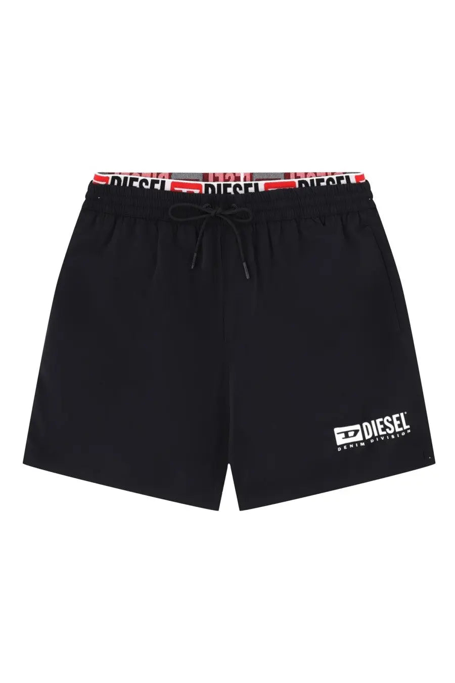 Diesel men’s swimsuit black diesel swim shorts with white logo and red black gray patterned waistband