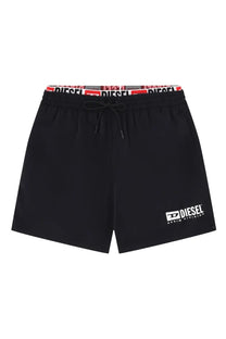 Diesel men’s swimsuit black diesel swim shorts with white logo and red black gray patterned waistband