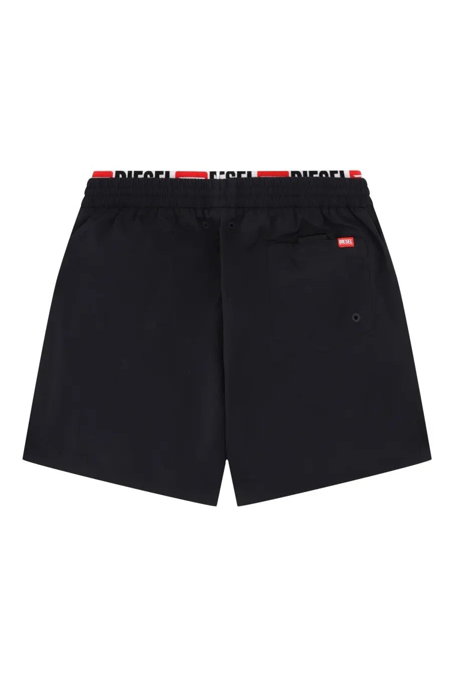 Diesel men’s swimsuit black with red and white branded waistband made from comfortable swim fabric
