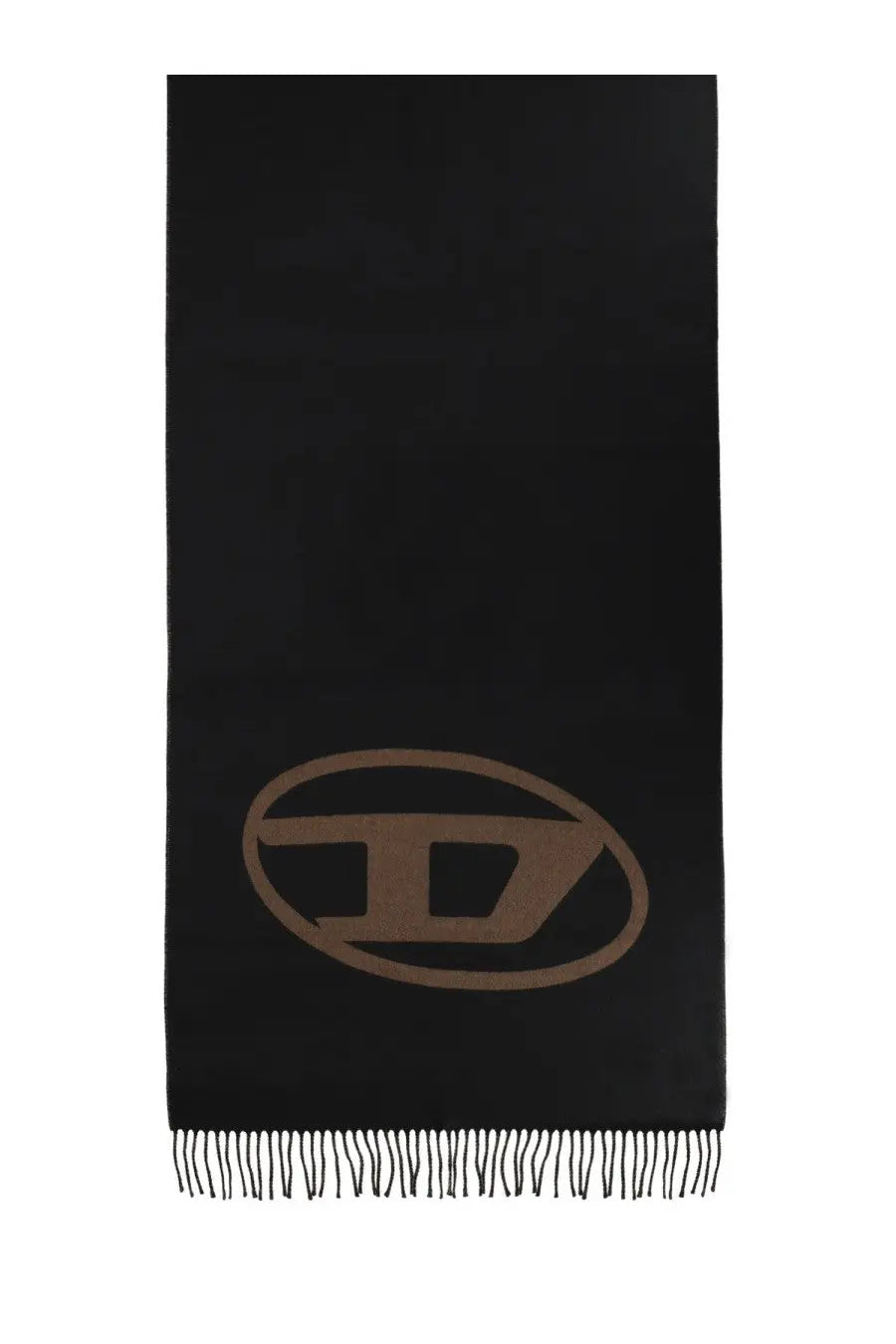 Diesel men’s tevie scarf brown black cashmere with brown oval d logo and delicate black fringe at bottom edge