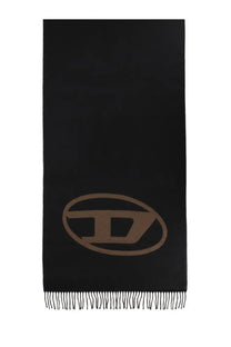 Diesel men’s tevie scarf brown black cashmere with brown oval d logo and delicate black fringe at bottom edge