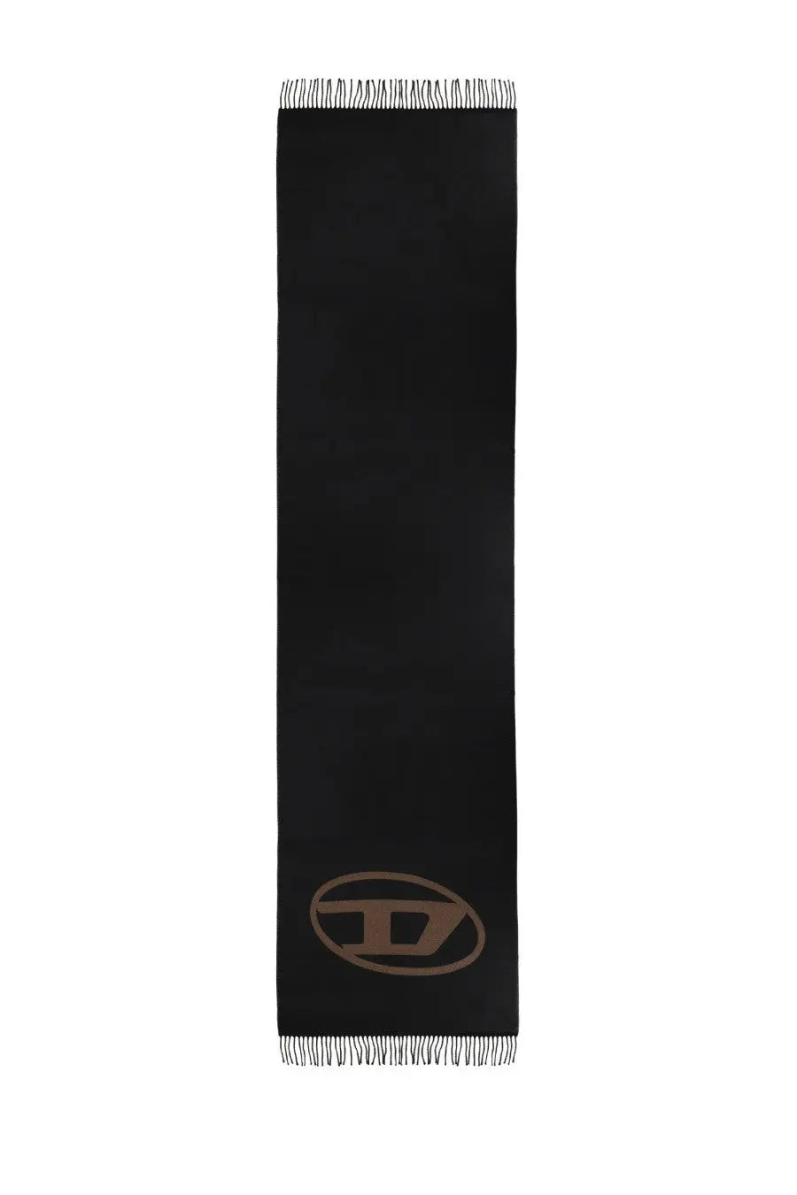 Diesel men’s Tevie scarf in black cashmere with a subtle brown logo and fringed edges