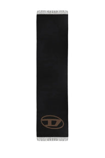 Diesel men’s Tevie scarf in black cashmere with a subtle brown logo and fringed edges