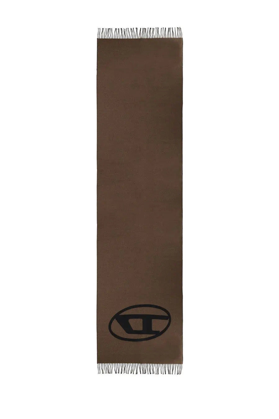 Diesel men’s Tevie brown wool scarf with black embroidered logo and fringed edges for stylish warmth