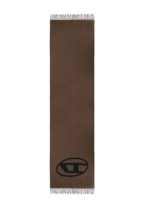 Diesel men’s Tevie brown wool scarf with black embroidered logo and fringed edges for stylish warmth
