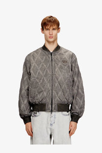 Diesel men’s type treat diamond quilted gray bomber jacket with black trim in cotton blend material
