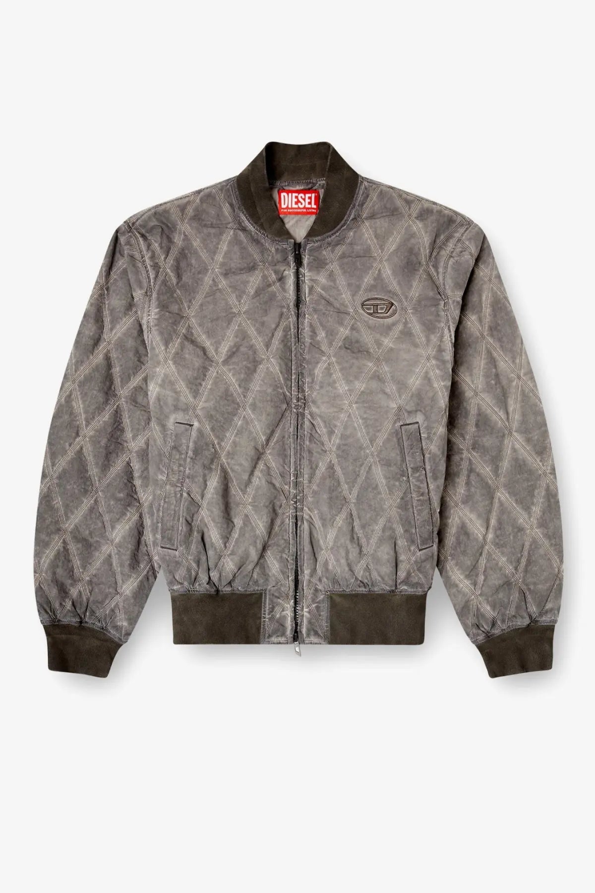 Diesel men’s grey quilted cotton blend bomber jacket with diamond pattern and dark brown ribbed cuffs collar and hem