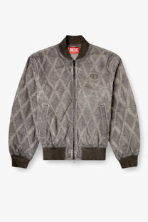 Diesel men’s grey quilted cotton blend bomber jacket with diamond pattern and dark brown ribbed cuffs collar and hem