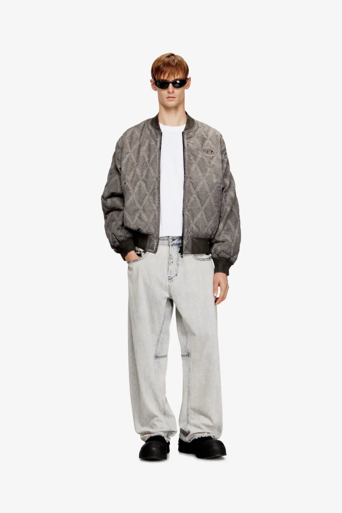 Diesel men’s grey quilted cotton blend bomber jacket with subtle diamond pattern and black ribbed cuffs