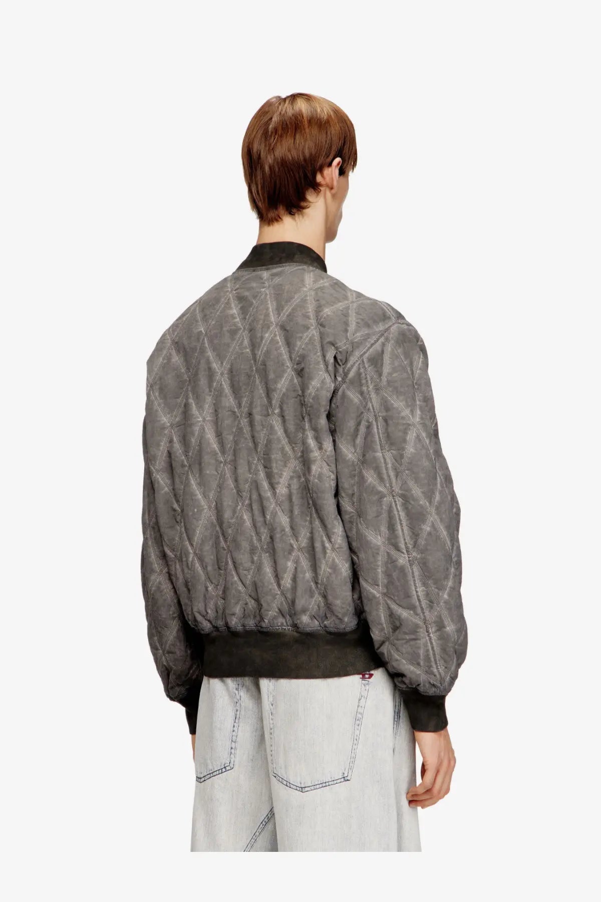 Diesel men’s gray quilted bomber jacket with black ribbed collar and cuffs made from cotton blend material