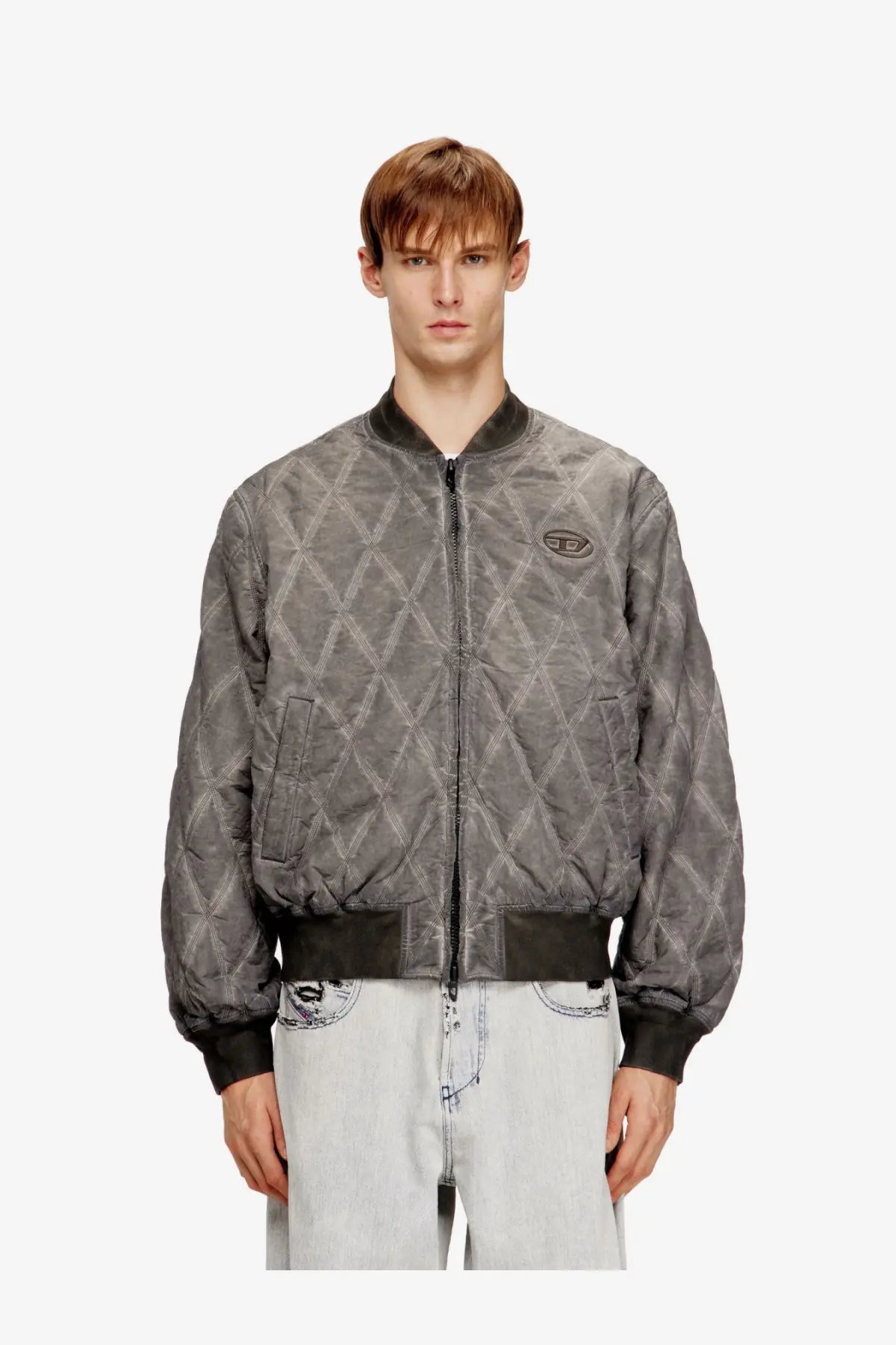 Diesel men’s gray quilted bomber jacket with diamond pattern black trim cotton blend for casual wear