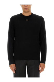 Black Diesel men’s Vieri jersey crewneck sweater with subtle chest embroidery made from soft jersey fabric