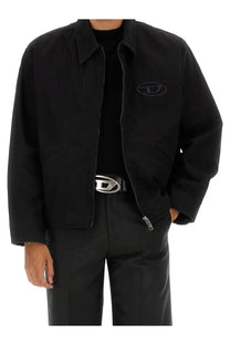 Diesel men’s Vieri jersey black denim jacket with subtle embroidered logo on chest and matching belt buckle