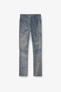 Diesel men’s blue leather trousers with dark gray distressed denim jeans effect and reinforced stitching