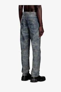 Diesel men’s vyll qmbw distressed blue leather trousers with faded mottled wash and reinforced stitching