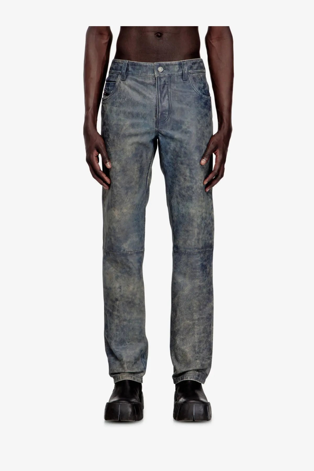 Diesel men’s vyll qmbw leather trousers blue with distressed gray denim look faded wash and reinforced knee patches
