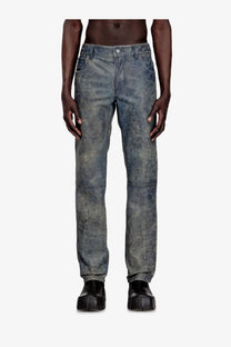 Diesel men’s vyll qmbw leather trousers blue with distressed gray denim look faded wash and reinforced knee patches