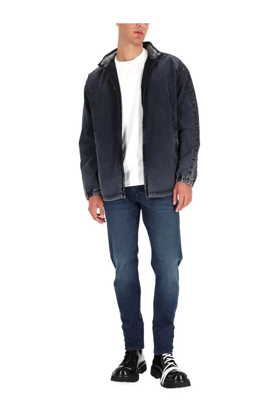 Diesel men’s Wilson jacket grey dark blue denim with black zipper and frayed cuffs front view