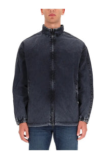 Diesel men’s Wilson jacket grey dark blue denim with high collar and front zipper for casual wear