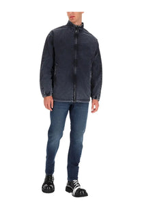 Diesel men’s wilson jacket grey is a dark blue denim jacket with high collar and front zipper closure