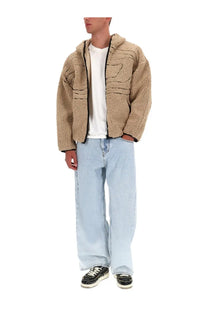 Diesel men’s zat sweatshirt beige shearling hooded jacket with black zipper trim and soft lining