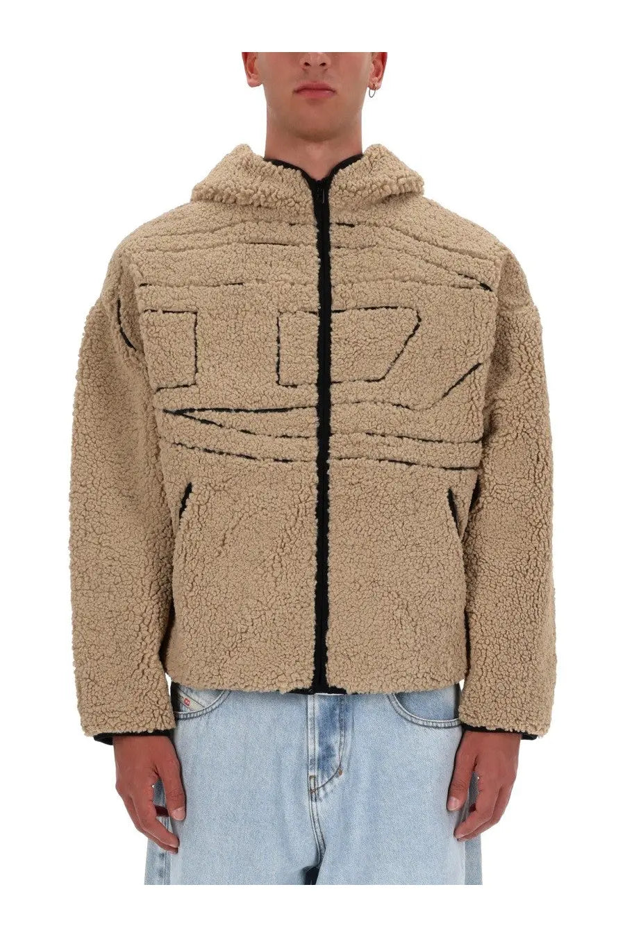 Diesel men’s zat sweatshirt beige shearling hooded jacket with black zipper and embroidered geometric patterns