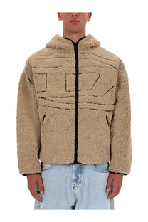 Diesel men’s zat sweatshirt beige shearling hooded jacket with black zipper and embroidered geometric patterns