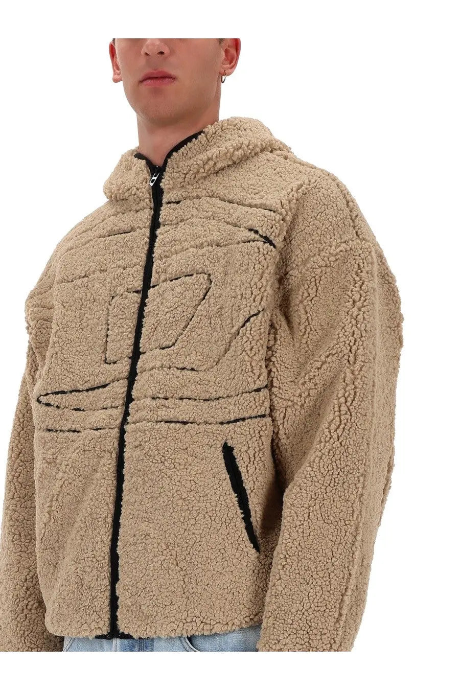 Diesel men’s zat sweatshirt beige sherpa-lined hooded jacket with black zipper and stitched geometric paneling